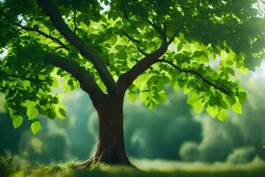 une arbre est montré dans le lumière du soleil avec vert feuilles. généré par ai photo