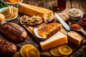 divers les types de fromage, pain et autre nourriture sur une Coupe planche. généré par ai photo