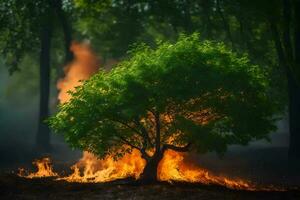 une arbre est brûlant dans le forêt. généré par ai photo