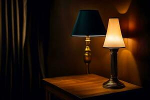 deux les lampes sur une table dans le sombre. généré par ai photo