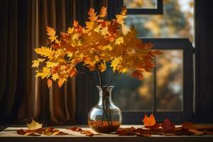 l'automne feuilles dans une vase sur une fenêtre seuil. généré par ai photo