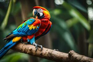 une coloré perroquet est assis sur une branche. généré par ai photo