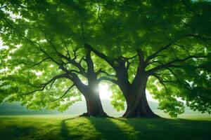 deux des arbres dans le lumière du soleil avec le Soleil brillant à travers. généré par ai photo