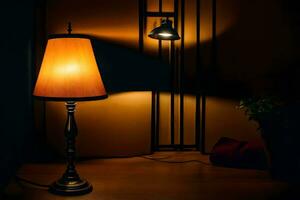 une lampe est sur une table dans le sombre. généré par ai photo