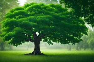 une grand arbre dans le milieu de une vert champ. généré par ai photo