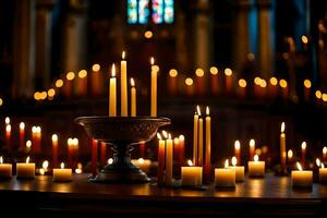 bougies sont allumé dans une église avec bougies. généré par ai photo