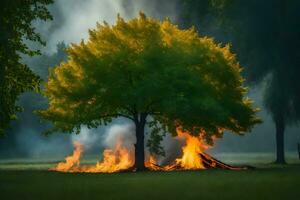 une arbre avec flammes à venir en dehors de il dans le milieu de une champ. généré par ai photo