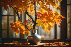 l'automne feuilles dans une vase sur une table près une la fenêtre. généré par ai photo