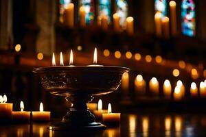 bougies sont allumé dans une église avec bougies. généré par ai photo