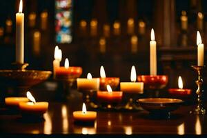 bougies sont allumé dans une église. généré par ai photo