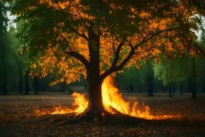 une arbre avec flammes à venir en dehors de il dans le milieu de une forêt. généré par ai photo