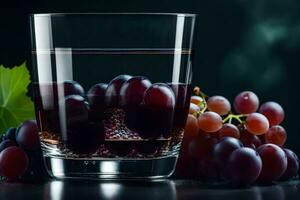 une verre de du vin avec les raisins sur une foncé Contexte. généré par ai photo