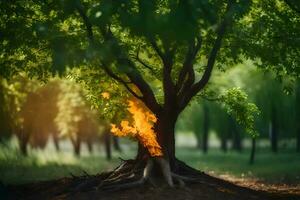 une arbre avec flammes à venir en dehors de il. généré par ai photo