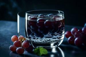 une verre de l'eau avec les raisins sur une foncé Contexte. généré par ai photo
