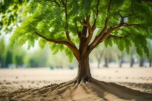 une arbre avec les racines croissance en dehors de le sol. généré par ai photo