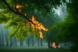 une Feu est brûlant dans le milieu de une forêt. généré par ai photo
