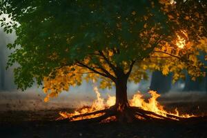 une arbre avec flammes et fumée à venir de il. généré par ai photo