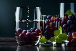 les raisins dans des lunettes avec l'eau et grain de raisin jus. généré par ai photo