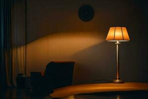 une lampe est séance sur une table dans une foncé chambre. généré par ai photo