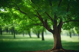 une arbre est permanent dans le milieu de une vert champ. généré par ai photo