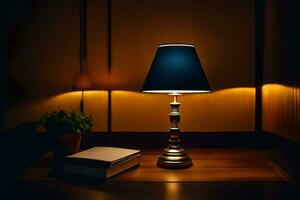 une lampe sur une table dans une foncé chambre. généré par ai photo