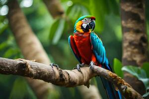 une coloré perroquet est assis sur une branche dans le jungle. généré par ai photo