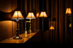 Trois les lampes sont sur une table dans une foncé chambre. généré par ai photo