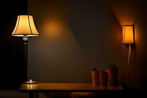 une lampe et une table dans une foncé chambre. généré par ai photo