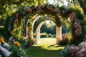 une magnifique arcade avec fleurs et herbe. généré par ai photo