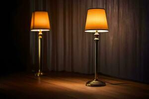 deux les lampes sur une en bois sol dans de face de une rideau. généré par ai photo