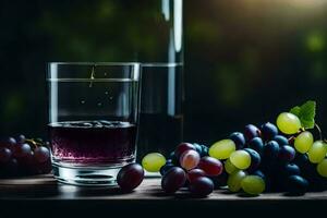 une verre de du vin et les raisins sur une tableau. généré par ai photo