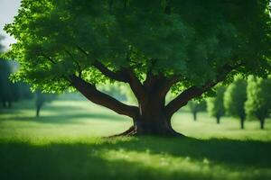 une arbre est permanent dans le milieu de une champ. généré par ai photo