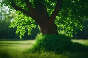 une arbre dans le milieu de une champ. généré par ai photo