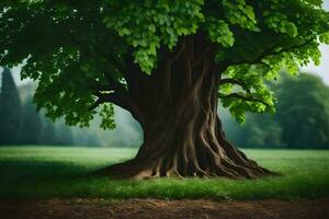 une grand arbre avec vert feuilles dans le milieu de une champ. généré par ai photo