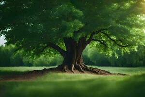 une grand arbre dans le milieu de une champ. généré par ai photo