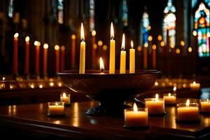 bougies sont allumé dans une église avec bougies. généré par ai photo