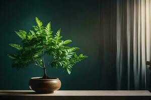 une mis en pot plante sur une table dans de face de une la fenêtre. généré par ai photo
