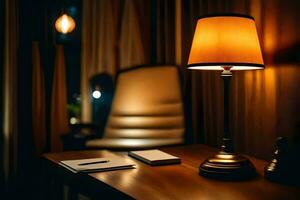 une bureau lampe est sur une table dans une foncé chambre. généré par ai photo
