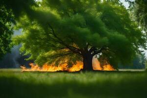 une arbre est brûlant dans le herbe avec fumée à venir en dehors de il. généré par ai photo