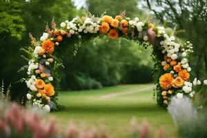 un arcade avec fleurs dans le herbe. généré par ai photo