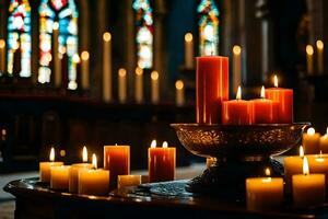 bougies sont allumé dans une église avec coloré verre les fenêtres. généré par ai photo