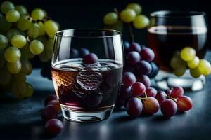 une verre de du vin et les raisins sur une foncé Contexte. généré par ai photo