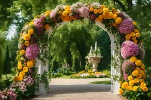 une mariage cambre décoré avec fleurs. généré par ai photo