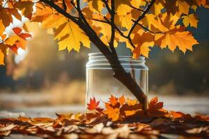 l'automne feuilles dans une pot sur le sol. généré par ai photo