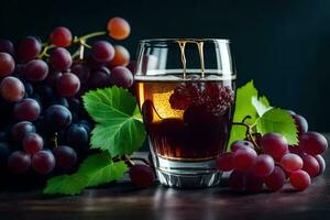 une verre de du vin avec les raisins et feuilles. généré par ai photo