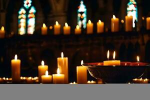 bougies sont allumé dans une église avec coloré verre les fenêtres. généré par ai photo