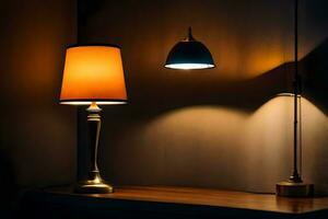 une lampe et une table lampe sur une tableau. généré par ai photo