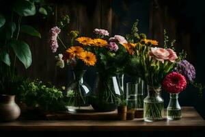 une table avec des vases de fleurs et les plantes. généré par ai photo