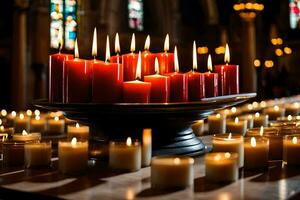 beaucoup bougies sont allumé dans une église. généré par ai photo