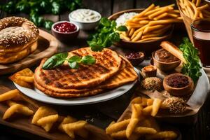 divers nourriture comprenant pain, fromage, et Viande sont sur une tableau. généré par ai photo